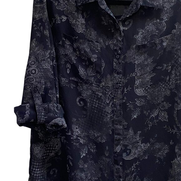 Decree Sheet Floral Whimsigoth Button Up Shirt Black Roll Tab Paisley Witchy-L - Picture 4 of 12